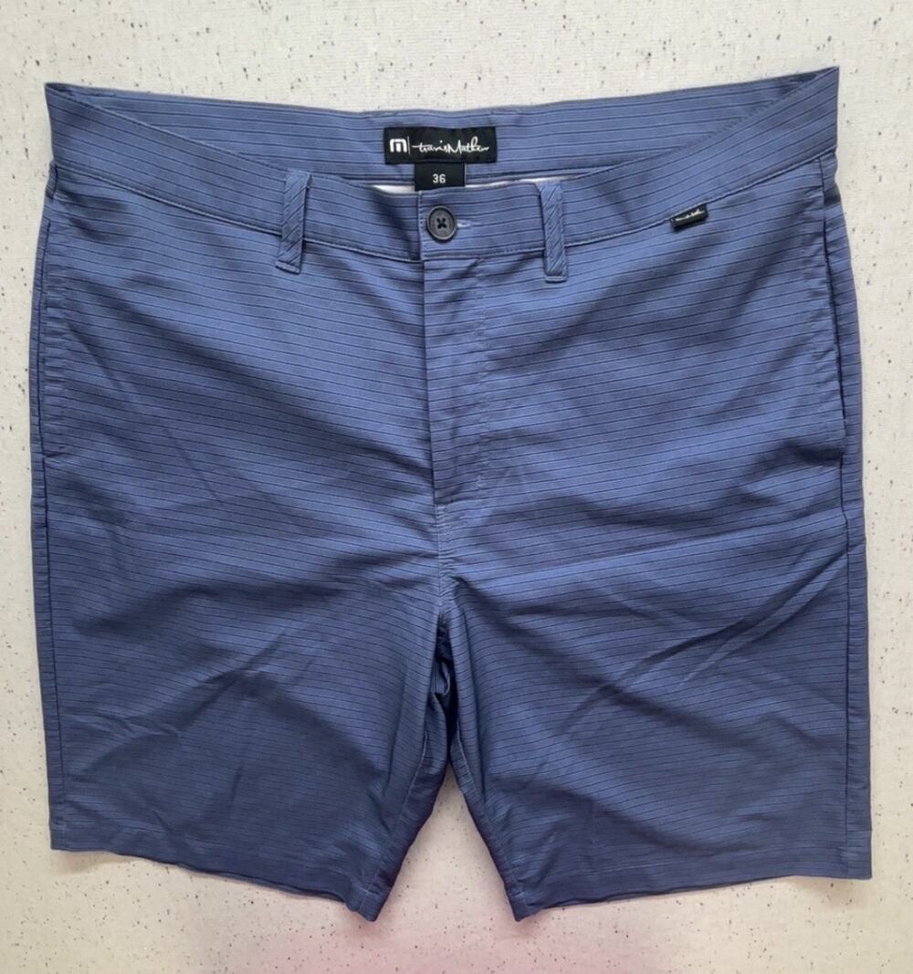 TravisMathew Golf Shorts Mens 36 Blue Fine Striped Stretch Casual Hybrid Chino